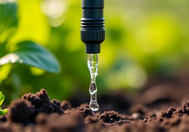 Sistema di irrigazione a goccia posizionato in un orto domestico