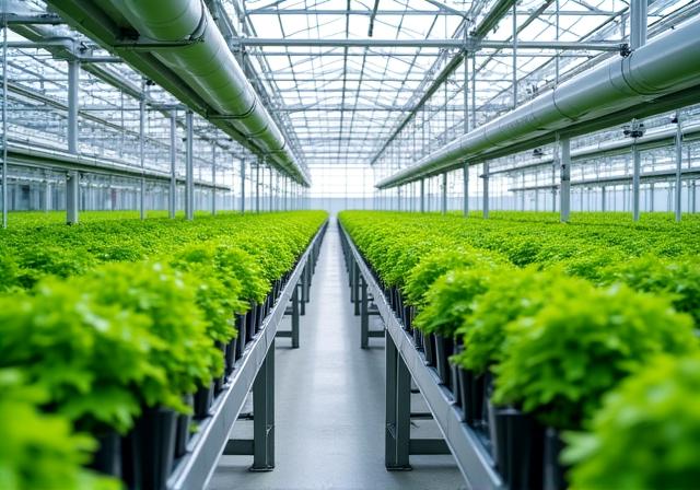 Interno di una serra professionale moderna con sistemi di ventilazione